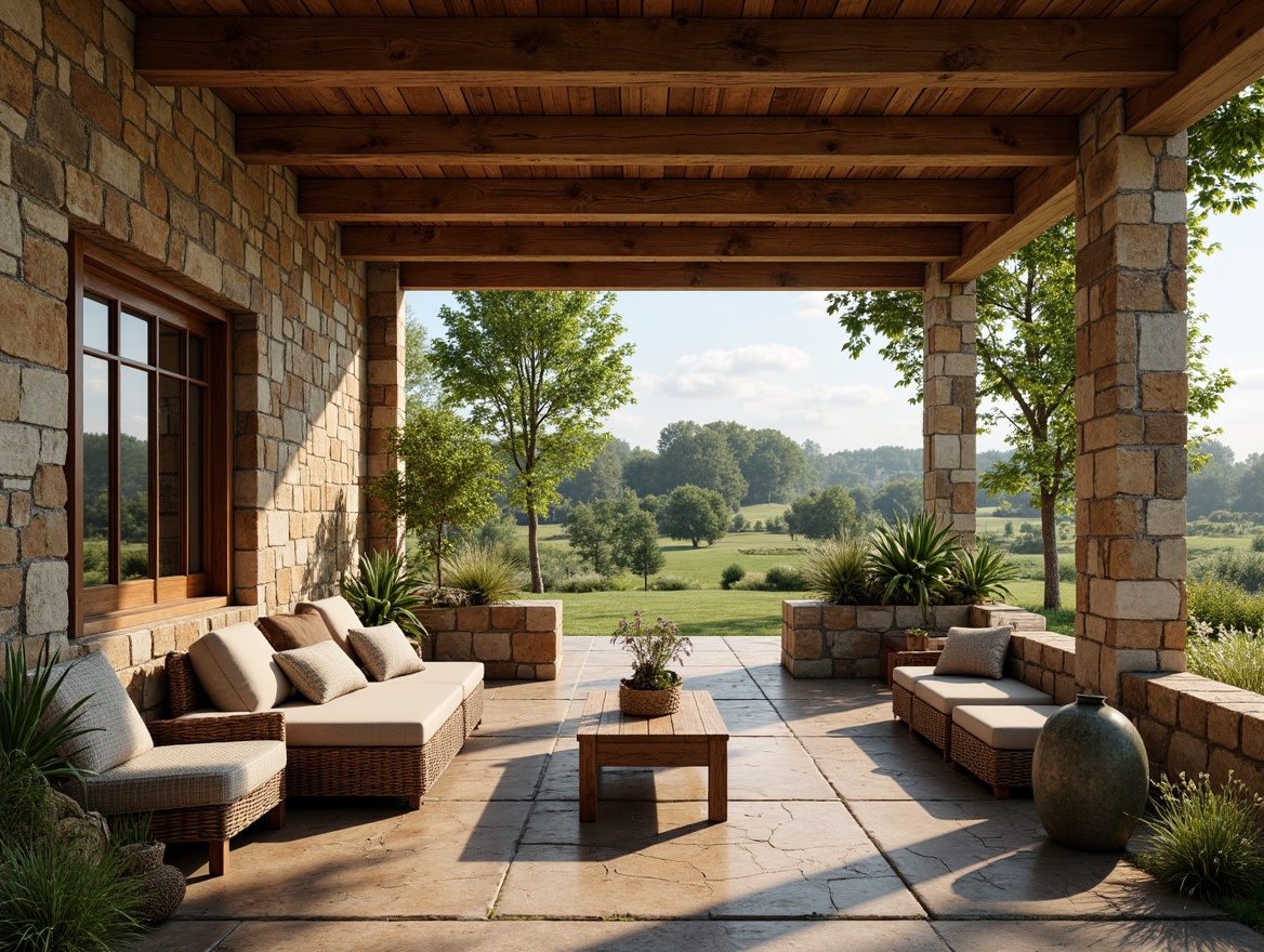 Prompt: Rustic farmhouse, reclaimed wood accents, natural stone walls, earthy color palette, exposed wooden beams, vintage metal decor, lush greenery, wildflowers, countryside views, warm sunny day, soft diffused lighting, 1/1 composition, intimate close-up shots, realistic textures, ambient occlusion.