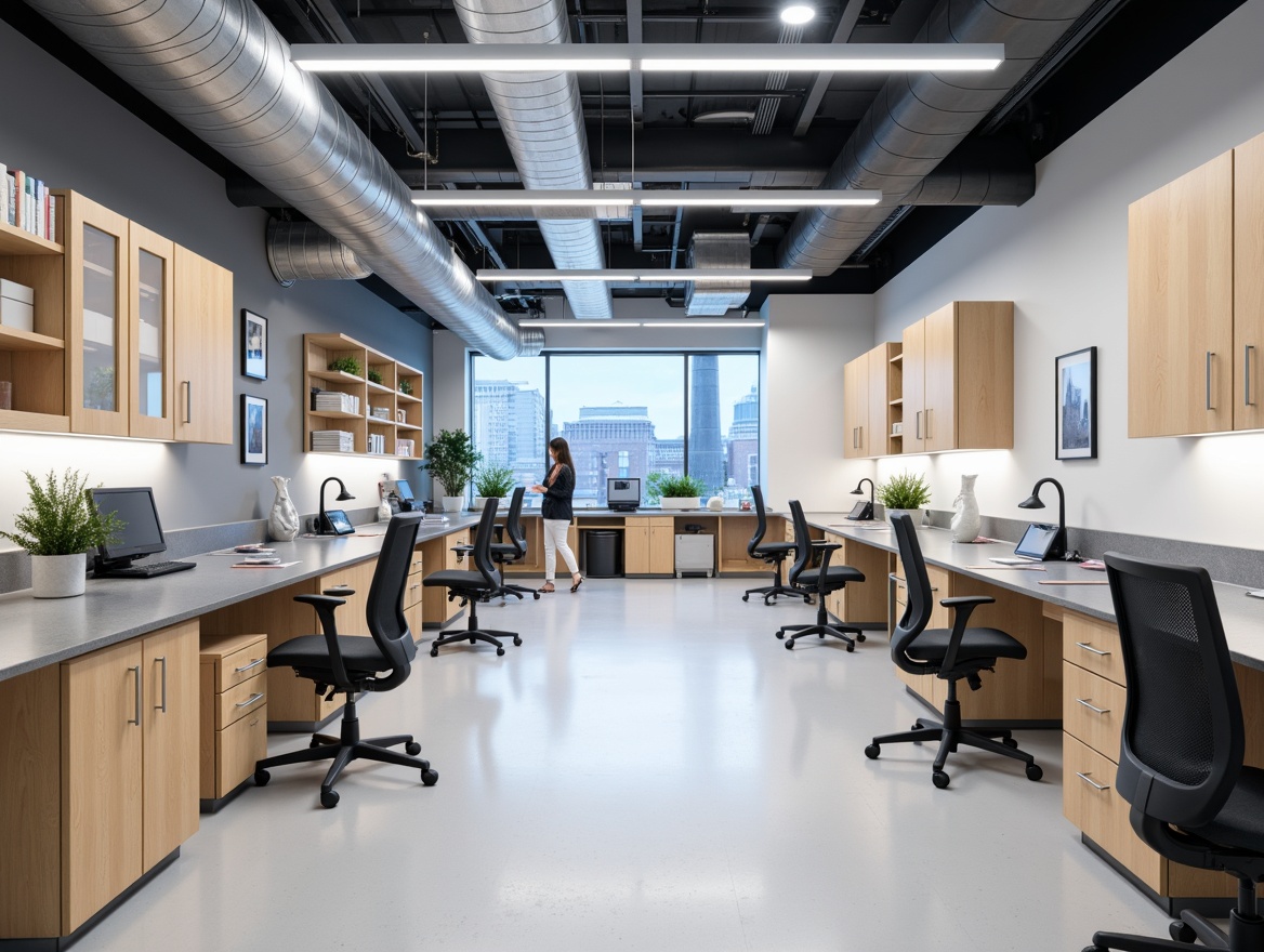 Prompt: Modern laboratory furniture, minimalist design, ergonomic chairs, adjustable desks, built-in cabinetry, stainless steel countertops, industrial-style lighting, exposed ductwork, functional shelving units, moveable workstations, collaborative workspace, modular storage systems, durable vinyl flooring, epoxy-coated tables, fume hood exhausts, sink stations, gas outlets, flexible cord management, task-oriented lighting, high-contrast color scheme, 1/1 composition, shallow depth of field, realistic textures.