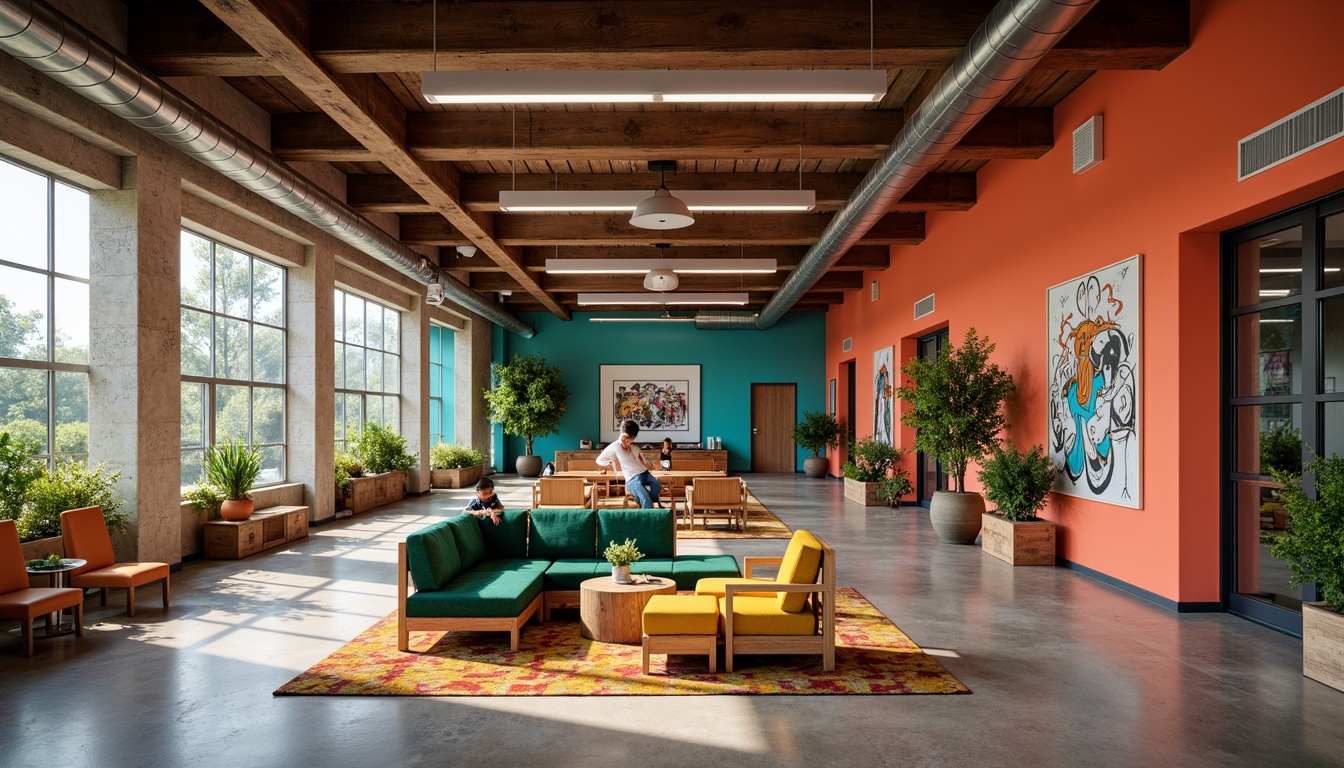 Prompt: Vibrant university campus, eclectic interior design, bold color palette, bright coral walls, turquoise accents, sunny yellow furniture, rich walnut wood tones, plush green velvet upholstery, geometric patterned rugs, industrial metal beams, exposed ductwork, modern minimalist lighting fixtures, urban loft-style decor, reclaimed wooden crates, distressed concrete floors, abstract graffiti art, cozy reading nooks, natural stone columns, warm atmospheric lighting, shallow depth of field, 1/1 composition, realistic textures, ambient occlusion.