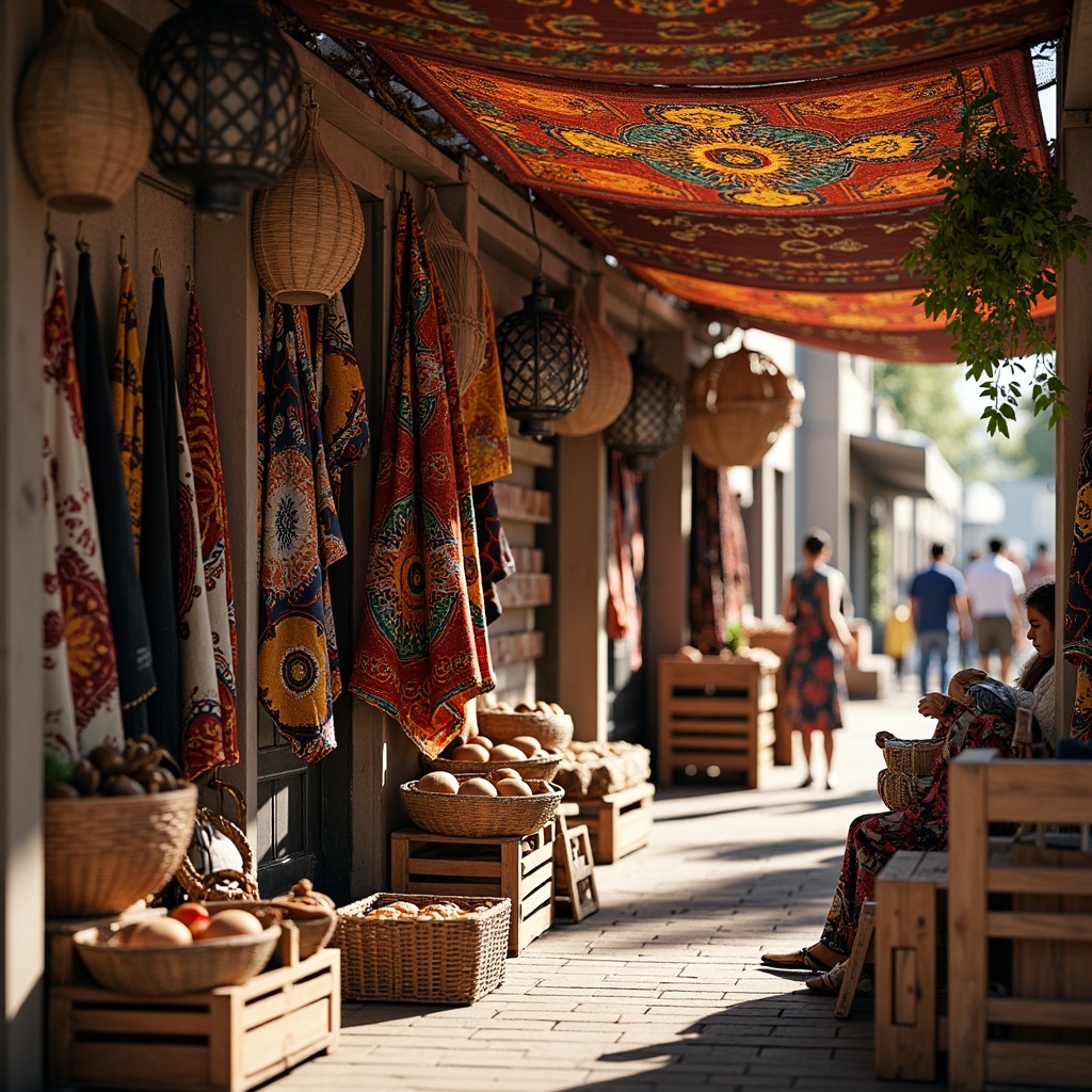 Prompt: Vibrant market stalls, eclectic textiles, rich cultural patterns, woven baskets, colorful fabrics, intricate embroidery, African-inspired prints, bold geometric shapes, warm earthy tones, natural materials, rustic wooden crates, ornate metal lanterns, lively street food vendors, bustling crowds, warm sunny day, soft diffused lighting, shallow depth of field, 3/4 composition, realistic textures, ambient occlusion.