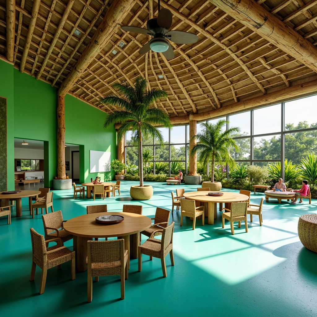 Prompt: Tropical school setting, lush green walls, natural wood accents, vibrant colorful textiles, woven bamboo chairs, rattan tables, palm tree-inspired columns, bright turquoise flooring, large windows, sliding glass doors, outdoor learning spaces, shaded verandas, misting systems, innovative cooling technologies, energy-efficient lighting, modern minimalist design, collaborative workspaces, interactive whiteboards, comfortable seating areas, ambient occlusion, shallow depth of field, 3/4 composition, panoramic view, realistic textures.