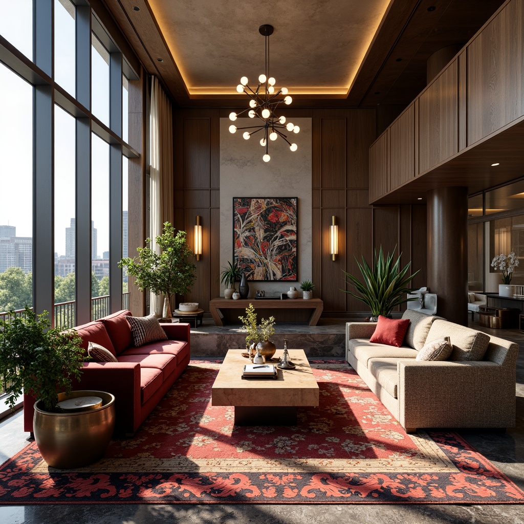 Prompt: Elegant living room, plush velvet sofas, ornate wooden furniture, luxurious marble floors, vibrant colorful rugs, statement lighting fixtures, decorative vases, exotic plants, soft warm ambiance, cozy reading nooks, floor-to-ceiling windows, stunning city views, modern abstract artwork, metallic accents, rich textures, 1/1 composition, high contrast lighting, realistic reflections.