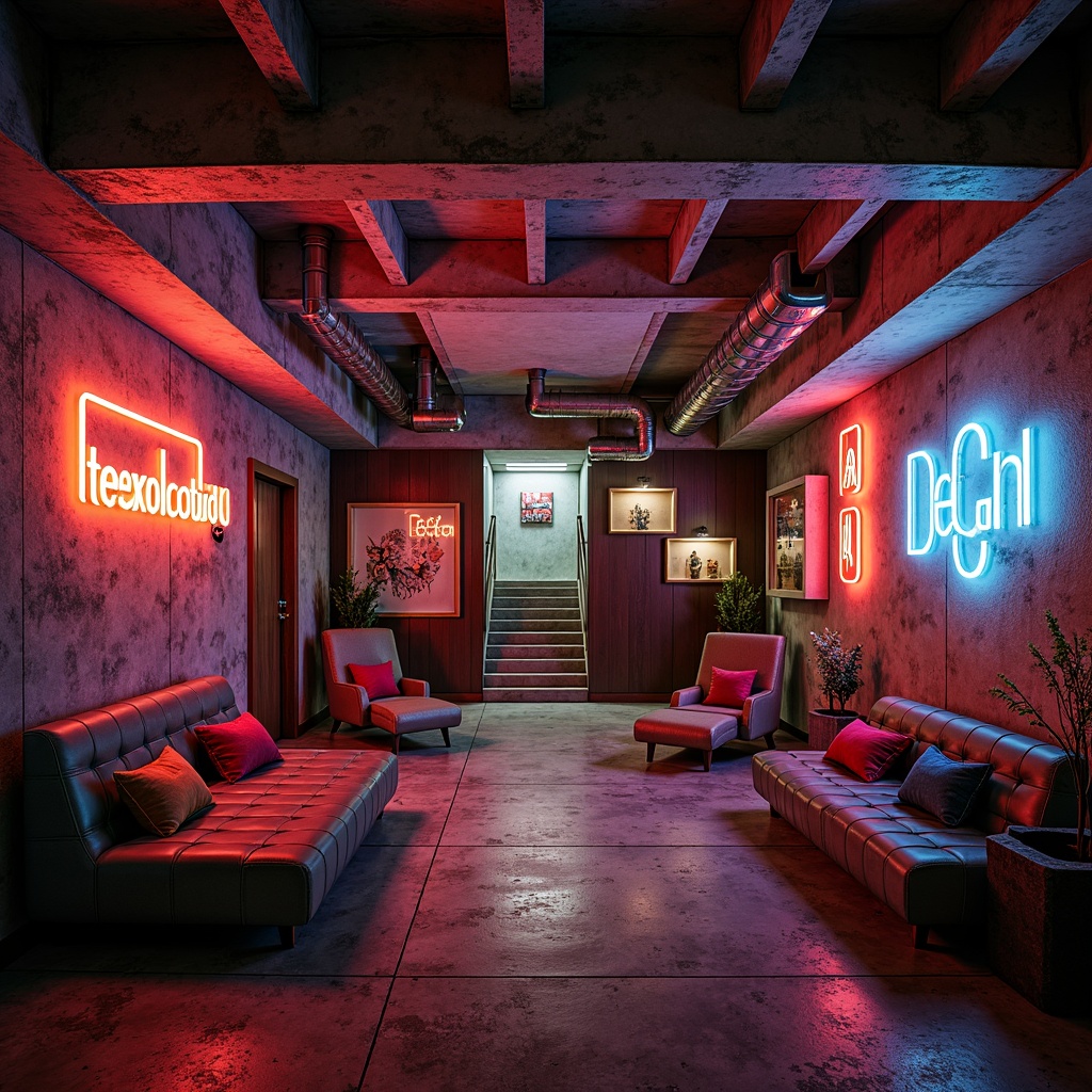 Prompt: Retro-futuristic basement, textured walls, bold geometric patterns, vibrant neon colors, eclectic furniture, asymmetrical compositions, distressed concrete floors, exposed ductwork, industrial metal beams, abstract artwork, moody atmospheric lighting, dramatic shadows, warm ambient glow, cinematic camera angles, shallow depth of field, 1/1 composition, realistic textures, ambient occlusion.