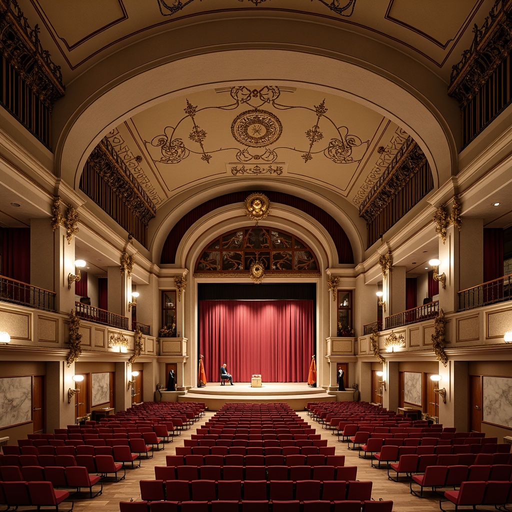 Prompt: Elegant amphitheater, ornate Art Nouveau details, flowing curves, organic shapes, intricate ironwork, grand stage, plush red velvet seats, polished wooden floors, acoustic panels, soundproofing materials, natural stone walls, vaulted ceiling, soft warm lighting, intimate atmosphere, 1/2 composition, shallow depth of field, realistic textures, ambient occlusion.