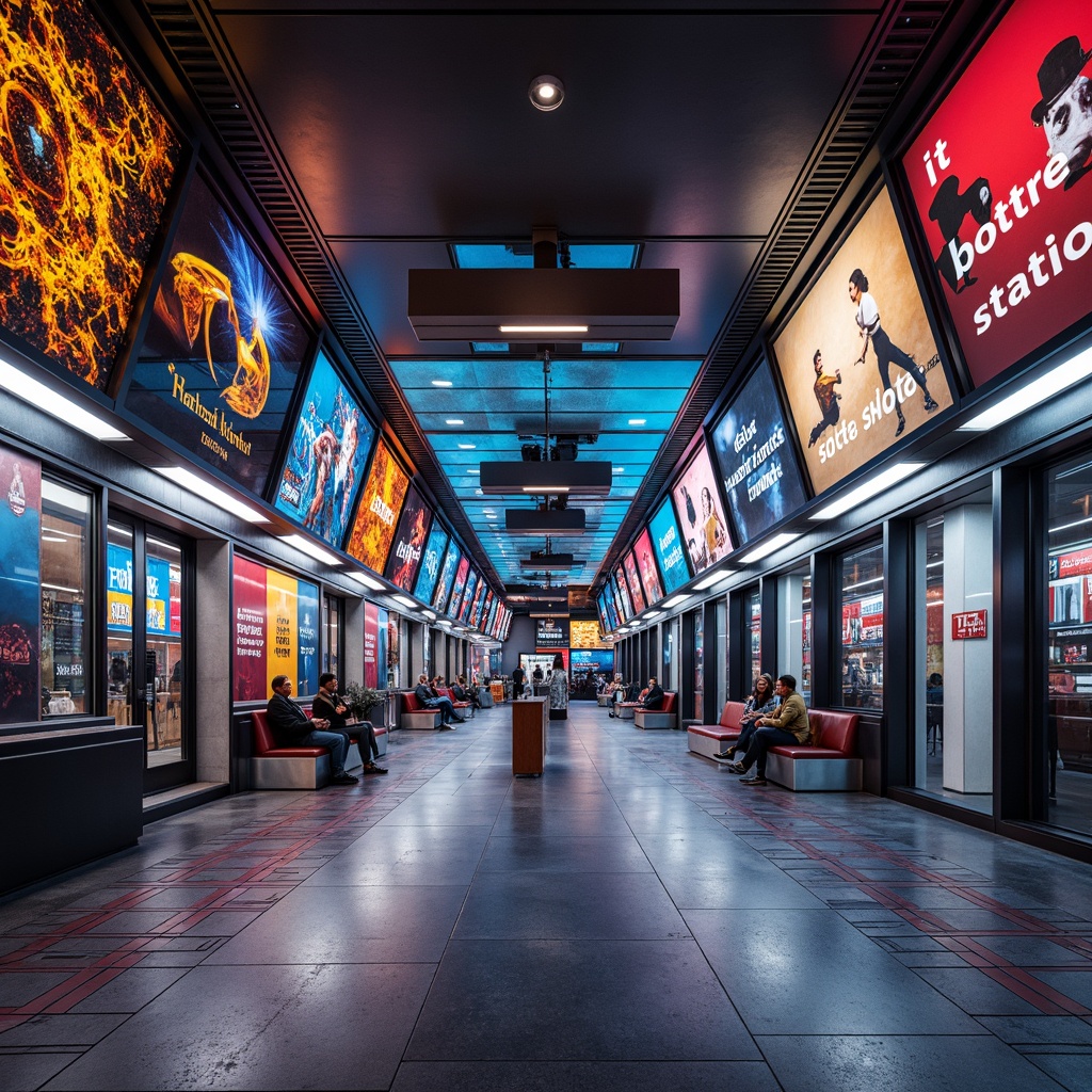 Prompt: Vibrant metro station interior, abstract expressionist art, futuristic wall finishes, iridescent metal panels, neon-lit advertisements, sleek LED displays, urban cityscape views, modern concrete structures, geometric patterned tiles, bold color blocking, dynamic angular lines, high-contrast lighting, dramatic shadows, 1/2 composition, wide-angle lens, cinematic atmosphere, realistic reflections.