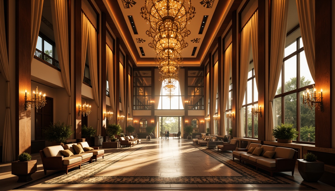 Prompt: Grand hall, high ceilings, ornate chandeliers, crystal droplets, warm golden lighting, elegant sconces, decorative wall lamps, floor-to-ceiling curtains, lavish furnishings, intricate patterns, luxurious textiles, subtle color palette, soft diffused light, dramatic uplighting, LED strip lights, ambient glow, 1/1 composition, realistic reflections, detailed textures.