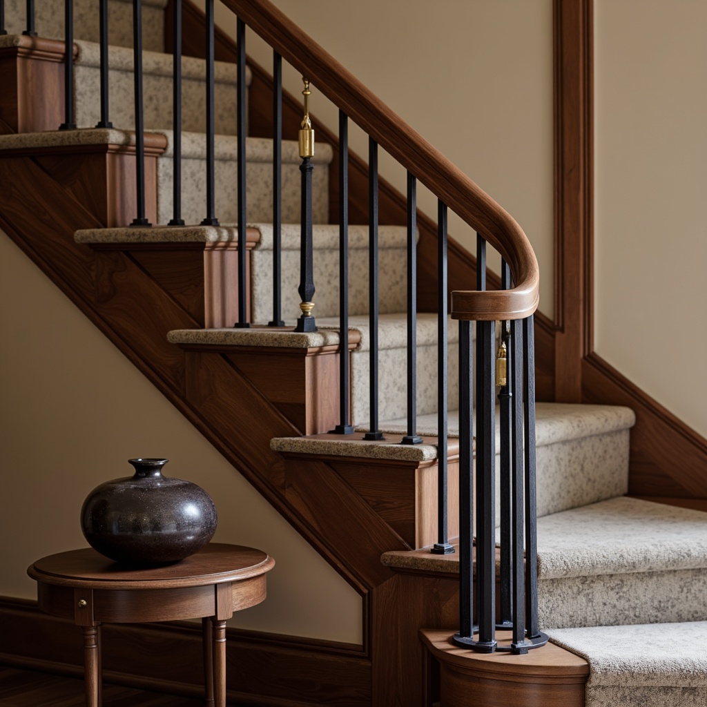 Prompt: Elegant staircase, luxurious wooden handrail, sleek metal balusters, rich carpeted steps, sophisticated color scheme, earthy brown tones, creamy white accents, deep blue undertones, golden hardware, ornate newel posts, subtle texture contrast, warm soft lighting, shallow depth of field, 1/1 composition, realistic wood grain, ambient occlusion.