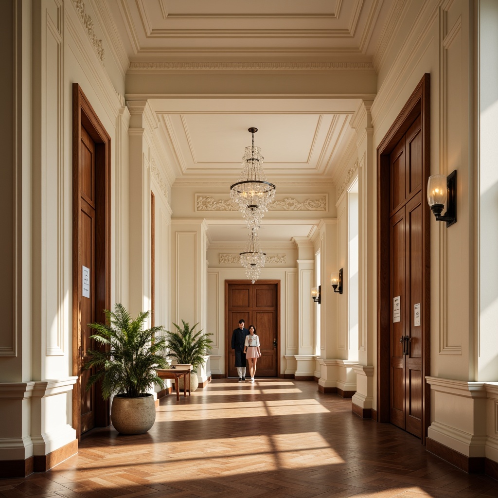 Prompt: Elegant student halls, neoclassical fa\u00e7ade, cream-colored walls, ornate moldings, decorative cornices, grand entranceways, wooden paneling, rich walnut flooring, intricate ceiling details, crystal chandeliers, soft warm lighting, subtle texture mapping, 1/1 composition, shallow depth of field, warm beige color palette, subtle gold accents, luxurious fabrics, traditional furnishings.