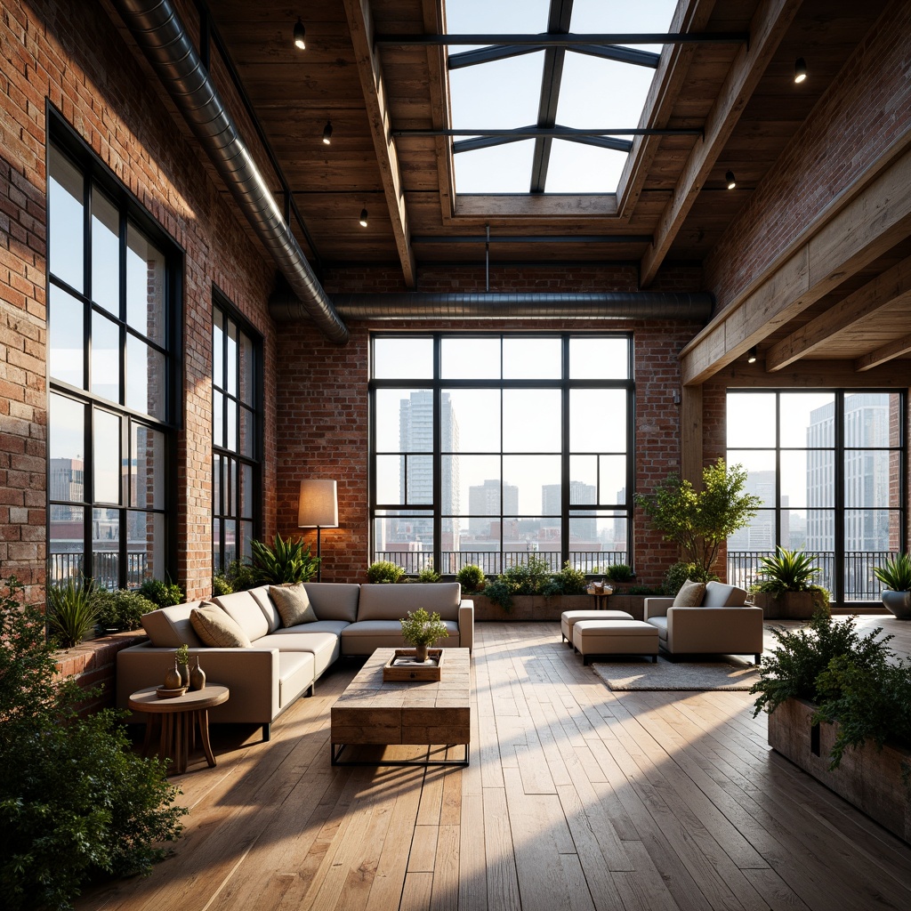 Prompt: Industrial-chic loft, exposed brick walls, high ceilings, wooden floorboards, metal beams, minimalist decor, abundant natural light, large skylights, floor-to-ceiling windows, sliding glass doors, urban cityscape views, modern furniture pieces, greenery accents, pendant lighting fixtures, soft warm ambiance, 1/1 composition, shallow depth of field, realistic textures.