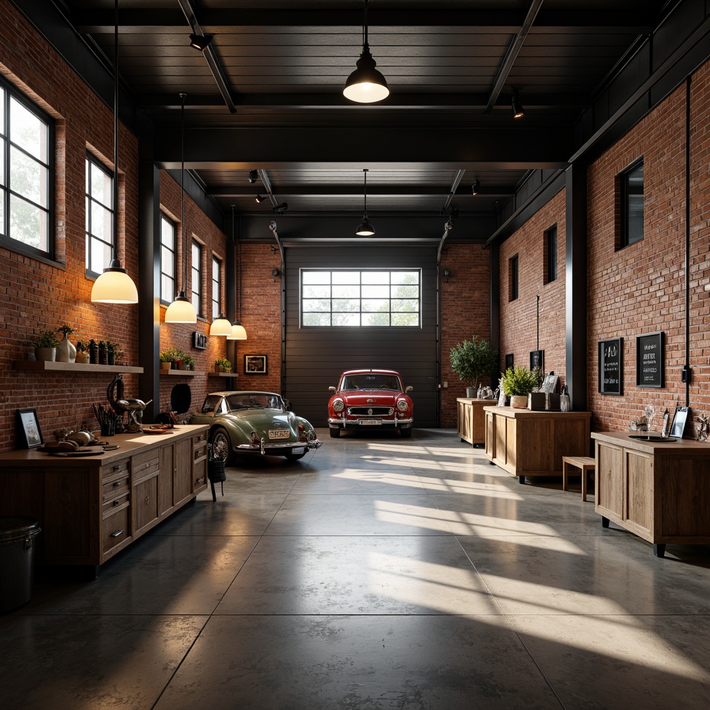 Prompt: Industrial garage setting, exposed brick walls, polished concrete floors, sleek metal beams, modern minimalist decor, elegant lighting fixtures, pendant lamps, matte black finishes, warm soft glow, cozy ambiance, rustic wooden accents, vintage car displays, tool stations, workbenches, urban loft feel, dramatic shadows, high contrast lighting, 1/2 composition, realistic textures, ambient occlusion.