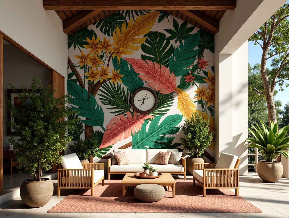 Prompt: Vibrant tropical accent wall, bold colorful patterns, exotic botanical prints, lush greenery, natural wood textures, woven rattan furniture, coastal-inspired decor, coral reef colors, sunny day, warm soft lighting, shallow depth of field, 1/2 composition, close-up shot, realistic textures, ambient occlusion.