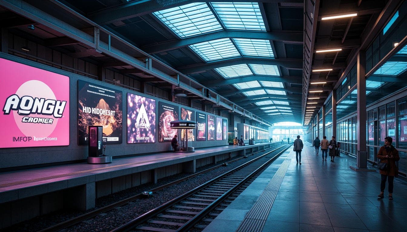 Prompt: Futuristic train station, neon-lit signage, holographic displays, sleek metallic surfaces, angular lines, minimalist design, vibrant LED lights, 3D projections, cyberpunk-inspired graphics, retro-futuristic fonts, glowing accents, atmospheric fog effects, high-tech gadgetry, modernist architecture, spacious open concourses, gleaming glass ceilings, panoramic views, soft box lighting, shallow depth of field, cinematic composition.