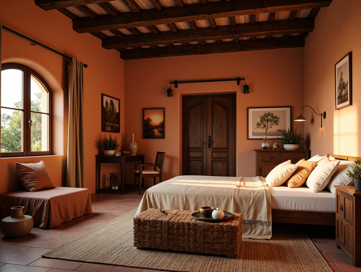 Prompt: Cozy Mediterranean bedroom, warm terracotta walls, rustic wooden furniture, plush velvet fabrics, soft linen bedding, natural jute rugs, woven wicker accents, distressed leather ottoman, earthy tone ceramics, vintage Moroccan tiles, candlelit ambiance, warm golden lighting, shallow depth of field, 1/1 composition, intimate atmosphere, realistic textures, ambient occlusion.