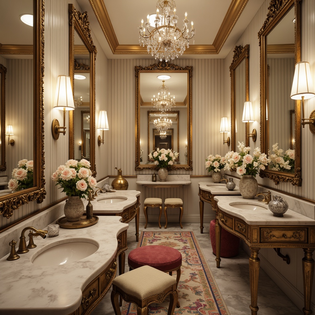 Prompt: Elegant powder room, ornate mirrors, gilded frames, delicate porcelain vases, intricately carved wooden furniture, velvet upholstery, soft pastel colors, crystal chandeliers, marble countertops, antique bronze hardware, luxurious textiles, floral patterns, curved lines, Rococo-inspired designs, intimate ambiance, warm candlelight, shallow depth of field, 1/1 composition, realistic reflections.