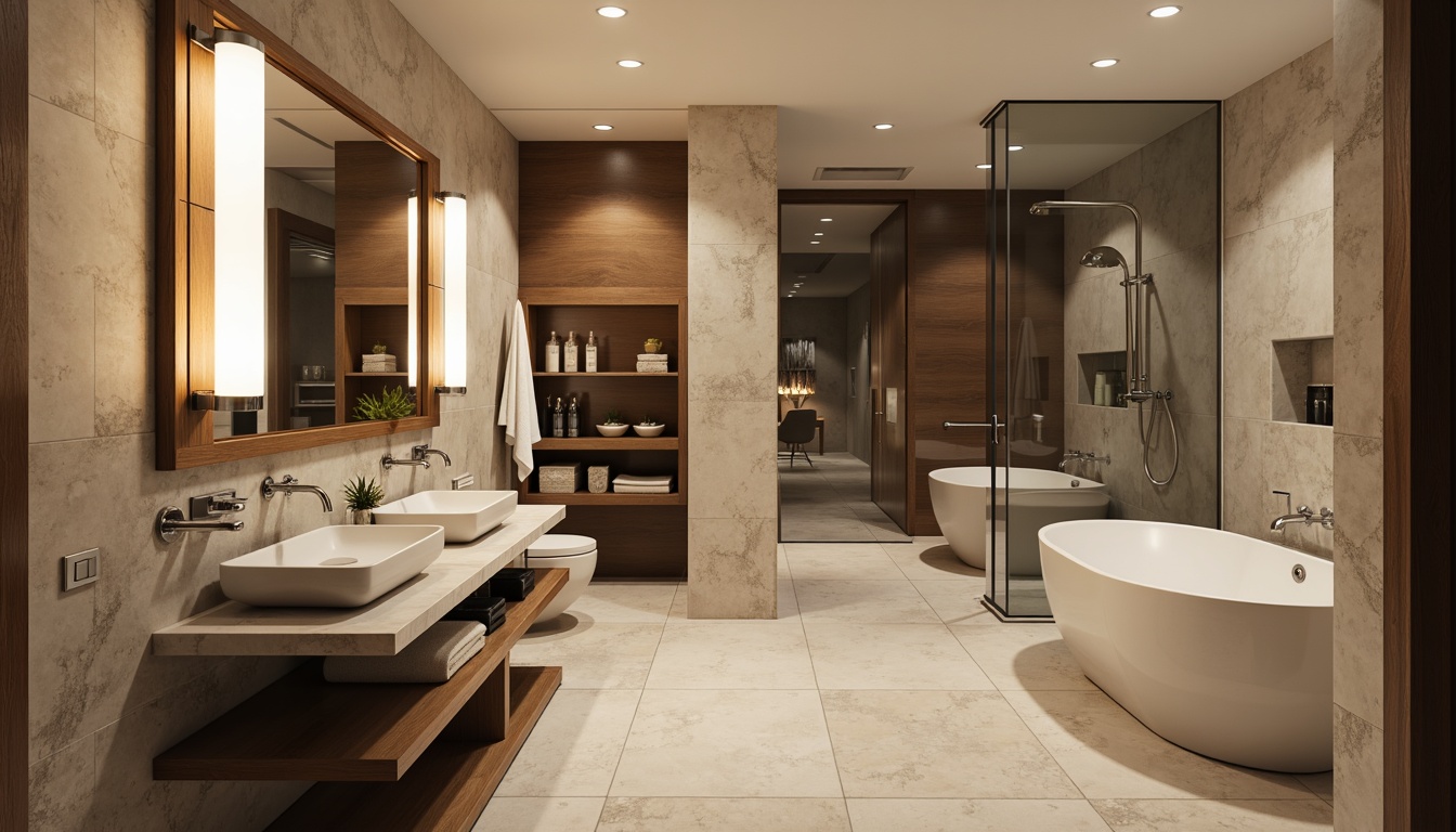 Prompt: Modern bathroom, elegant fixtures, LED lights, chrome finishes, glass shades, wall-mounted sconces, recessed lighting, ambient illumination, soft warm glow, natural stone countertops, large mirrors, minimalist design, spa-inspired ambiance, relaxing atmosphere, bright task lighting, shower rainheads, freestanding tubs, polished nickel accents, water-resistant materials, humidity-sensing technologies, 3/4 composition, panoramic view, realistic textures, ambient occlusion.