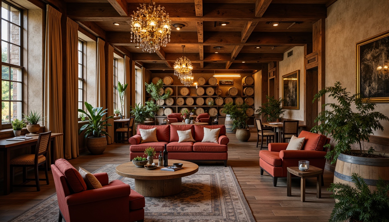 Prompt: Rustic winery interior, earthy tone color palette, warm golden lighting, rich wood accents, vintage wine barrels, distressed stone walls, ornate metalwork, elegant chandeliers, luxurious velvet fabrics, deep crimson reds, warm beige neutrals, soft sienna browns, muted turquoise blues, creamy whites, natural linen textures, refined leather upholstery, classic furniture silhouettes, sophisticated ambient lighting, 1/2 composition, intimate atmosphere, realistic material reflections.