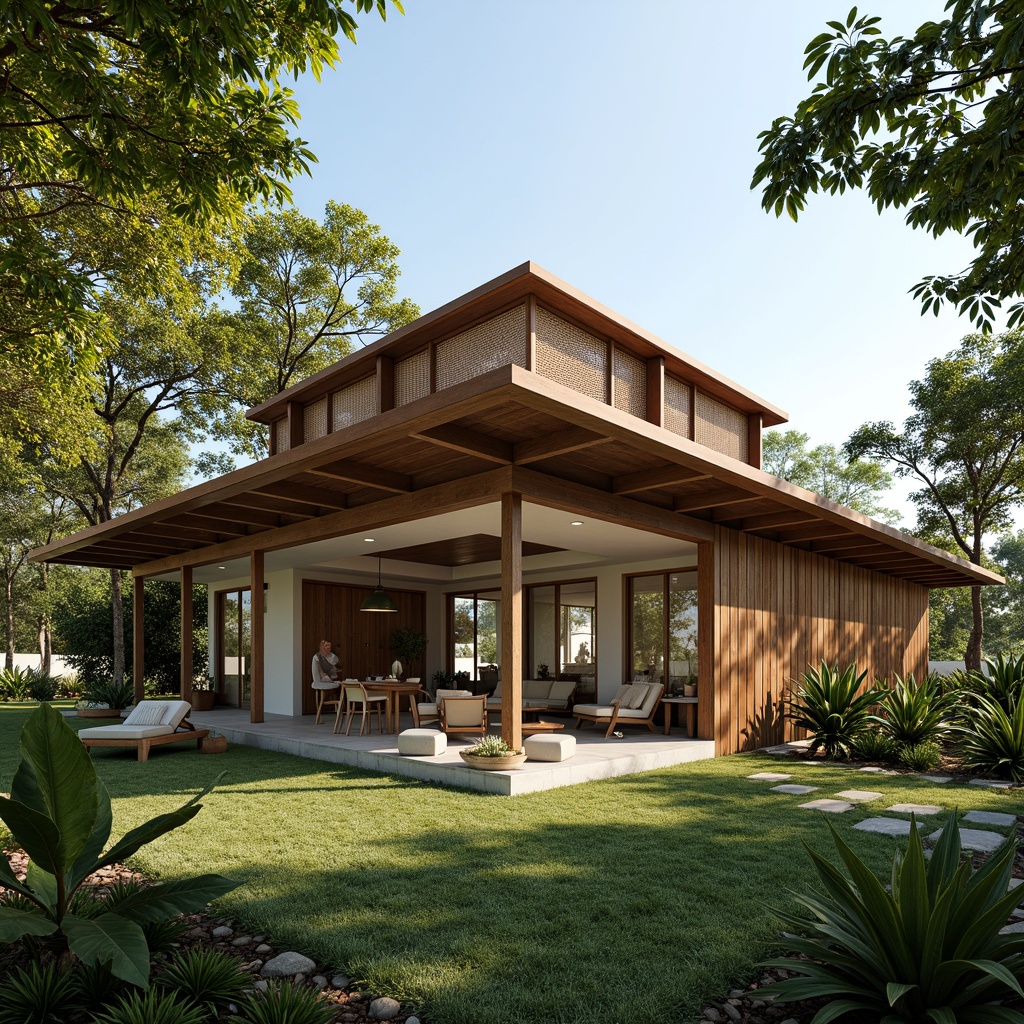 Prompt: Tropical modern house, large overhanging eaves, natural ventilation, wooden louvers, open floor plan, high ceilings, clerestory windows, sliding glass doors, latticework screens, woven bamboo shades, lush greenery, tropical plants, warm sunny day, soft diffused lighting, 1/1 composition, realistic textures, ambient occlusion.