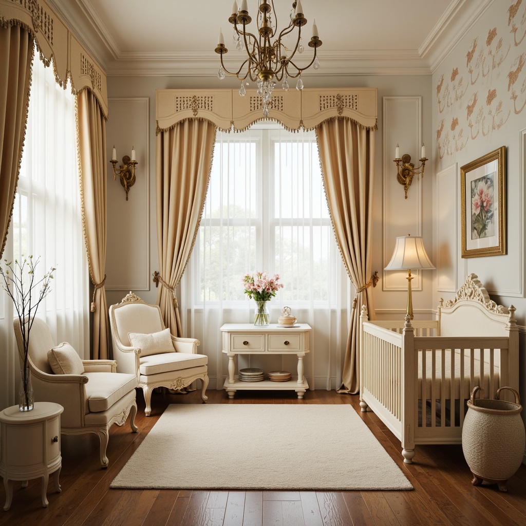 Prompt: Soft cream walls, gentle ivory furniture, warm beige accents, delicate lace curtains, subtle gold leaf details, ornate wooden cribs, plush velvet fabrics, elegant crystal chandeliers, serene natural light, shallow depth of field, 1/1 composition, romantic warm color tones, vintage-inspired wallpaper patterns, intricate moldings, refined classicism style.