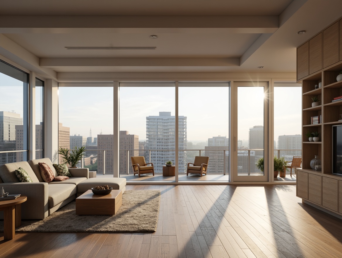 Prompt: Minimalist modern apartment, open floor plan, high ceilings, large windows, natural light, sleek wooden floors, low-profile furniture, built-in shelving, hidden storage, minimalist decor, neutral color palette, urban cityscape view, morning sunlight, soft warm glow, shallow depth of field, 1/1 composition, realistic textures, ambient occlusion.