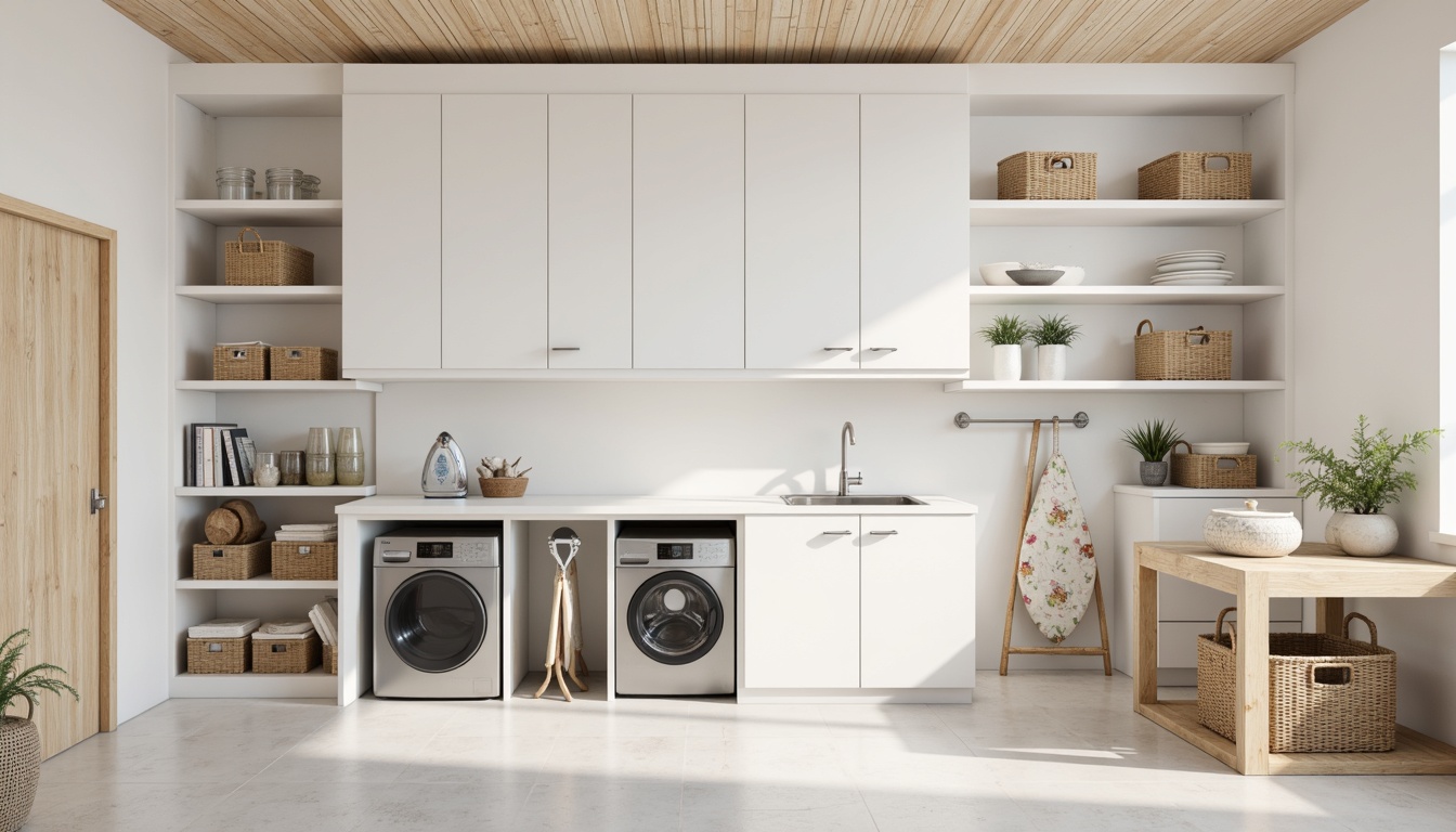 Prompt: Clean laundry room, minimalist aesthetic, white shelves, compact storage units, sleek metal cabinets, hidden laundry machines, foldable ironing boards, woven baskets, natural wood accents, soft warm lighting, shallow depth of field, 1/1 composition, realistic textures, ambient occlusion.