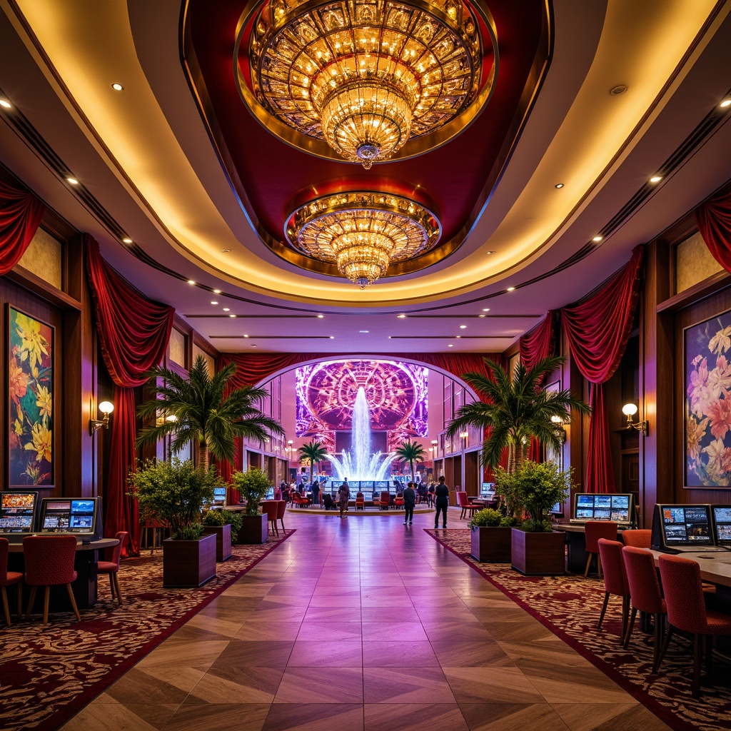 Prompt: Vibrant casino entrance, grandiose chandeliers, luxurious velvet drapes, ornate golden accents, lavish marble floors, dramatic curved lines, opulent furnishings, flashy neon lights, dynamic fountain displays, tropical palm trees, exotic floral arrangements, abstract expressionist artwork, bold color schemes, geometric patterned carpets, high-contrast lighting, cinematic camera angles, shallow depth of field, 2/3 composition, low-angle shot, ornate architectural details, rich textures, ambient occlusion.