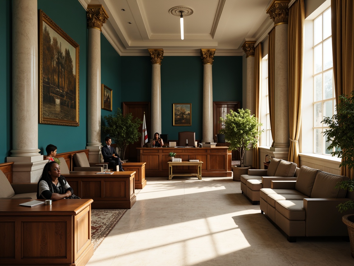 Prompt: Calming courthouse interior, teal accent walls, rich wood furnishings, neutral beige floors, elegant marble columns, ornate gold fixtures, subtle natural lighting, comfortable seating areas, solemn atmosphere, dignified architecture, historic charm, sophisticated color scheme, soft shadows, shallow depth of field, 1/2 composition, realistic textures, ambient occlusion.