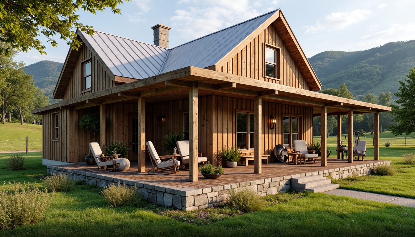 Prompt: Rustic farmhouse, wooden exterior cladding, weathered boards, metal roofing, vintage farm tools, rolling hills, lush green pastures, wildflowers, sunny afternoon, soft warm lighting, shallow depth of field, 3/4 composition, panoramic view, realistic textures, ambient occlusion, distressed wood accents, corrugated metal siding, stone foundation, wraparound porch, wooden rocking chairs, potted plants, lantern-style lighting, country-inspired decor.