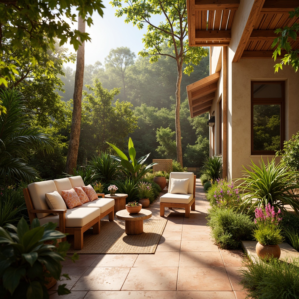 Prompt: Vibrant tropical atmosphere, warm golden lighting, soft diffused shadows, lush greenery, exotic plants, natural textures, woven rattan furniture, reclaimed wood accents, earthy color palette, creamy whites, coral pinks, sunny day, warm glow, subtle highlights, 1/2 composition, shallow depth of field, natural ambient occlusion.