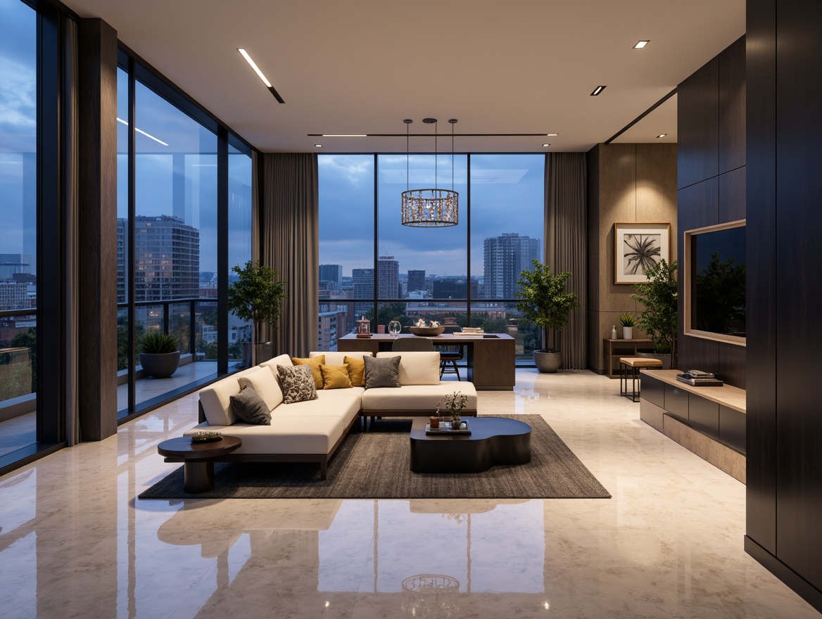 Prompt: Modern living room, sleek furniture, polished marble floors, floor-to-ceiling windows, urban cityscape views, minimalist decor, recessed lighting, linear suspension lamps, adjustable track lights, geometric pendant fixtures, matte black finishes, warm white LED illumination, soft ambient glow, subtle color temperature shifts, 1/1 composition, shallow depth of field, realistic reflections.