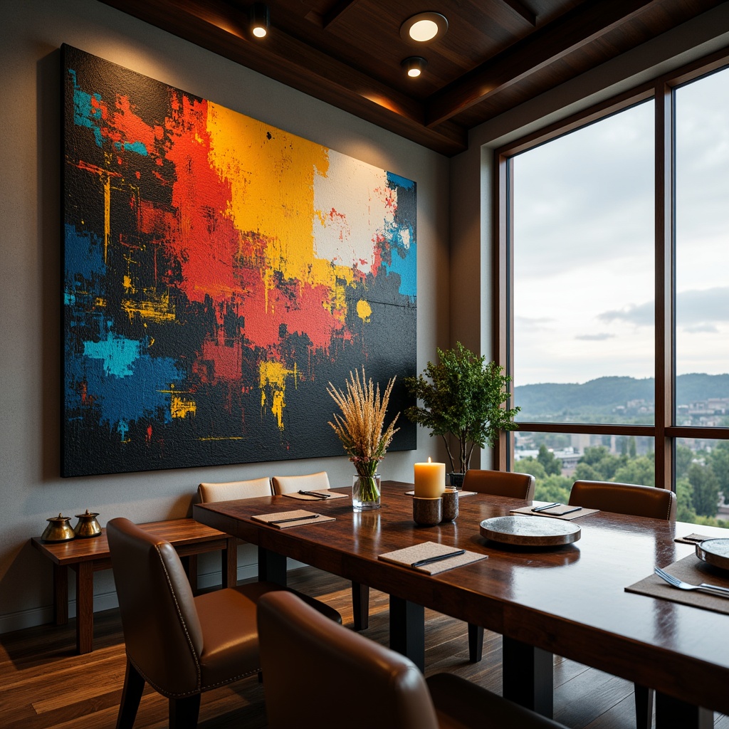 Prompt: Vibrant abstract artwork, bold brushstrokes, rich colors, textured canvas, modern dining room, sleek furniture, elegant chandelier, large windows, natural light, soft warm glow, intimate ambiance, geometric patterns, metallic accents, 3D visual effects, shallow depth of field, panoramic view, realistic textures, ambient occlusion.