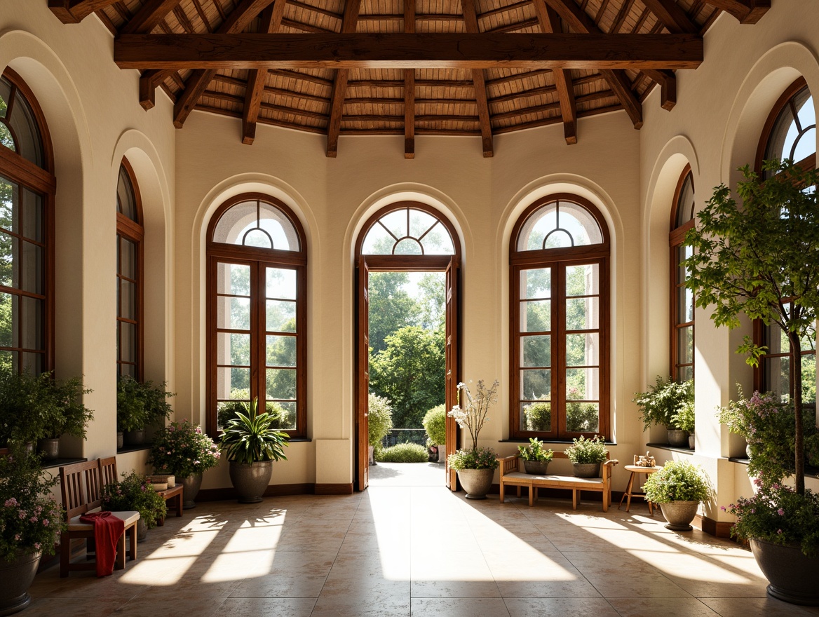 Prompt: Ornate sunroom, renaissance style, curved arches, ornamental moldings, cream-colored stucco walls, large windows, wooden shutters, terracotta roof tiles, lush greenery, blooming flowers, natural stone flooring, intricate carvings, gilded accents, warm golden lighting, soft focus, 1/1 composition, intimate atmosphere, realistic textures, ambient occlusion.