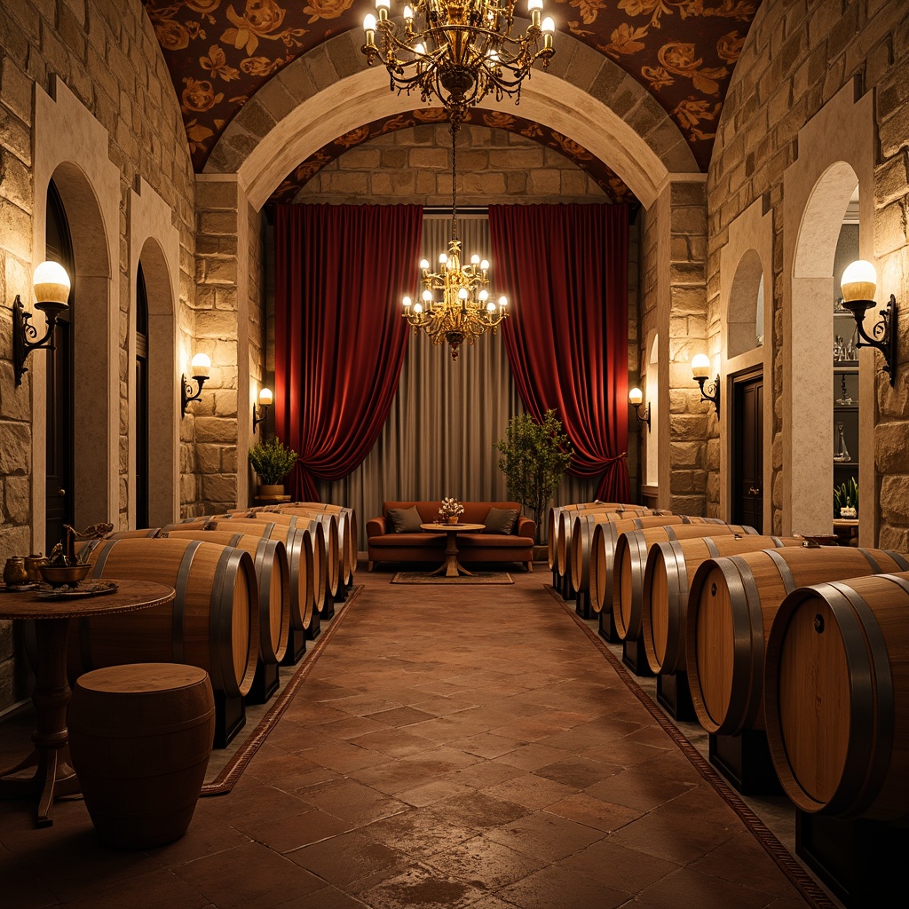 Prompt: Rustic winery interior, distressed stone walls, aged wooden barrels, rich velvet drapes, ornate golden chandeliers, vintage wine-making equipment, reclaimed wood accents, earthy terracotta flooring, soft warm candlelight, intimate atmosphere, Renaissance-inspired frescoes, classical archways, luxurious leather furnishings, heavy linen curtains, warm beige stonework, subtle texture overlays, 1/2 composition, dramatic lighting contrasts, realistic reflections.