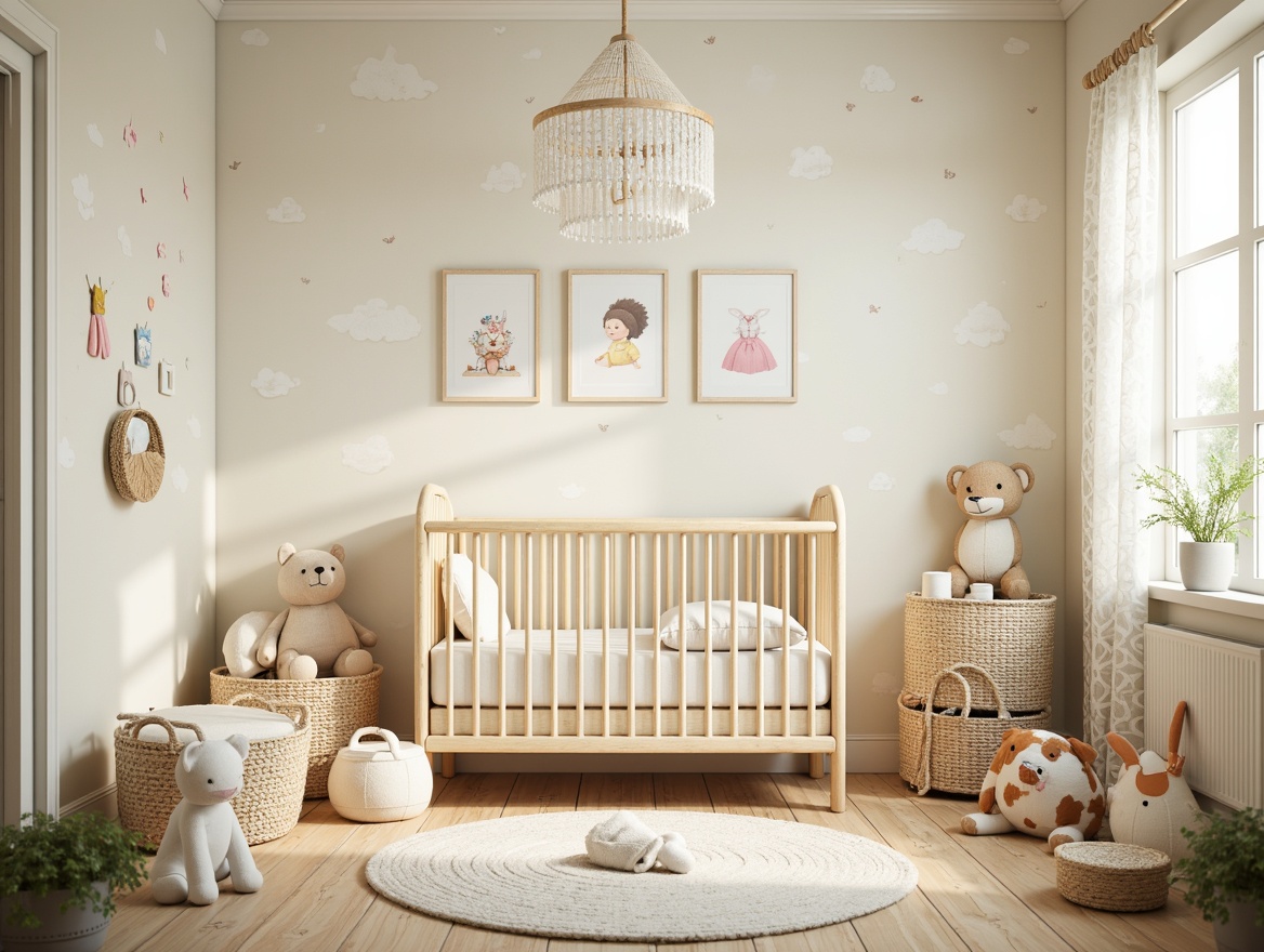 Prompt: Whimsical nursery, soft pastel hues, creamy whites, warm beiges, gentle yellows, calming blues, soothing greens, playful polka dots, subtle stripes, tender florals, sweet character illustrations, cozy plush toys, natural wood furniture, woven baskets, delicate lace curtains, morning sunlight, gentle shadows, shallow depth of field, 1/1 composition, vibrant textures, ambient occlusion.