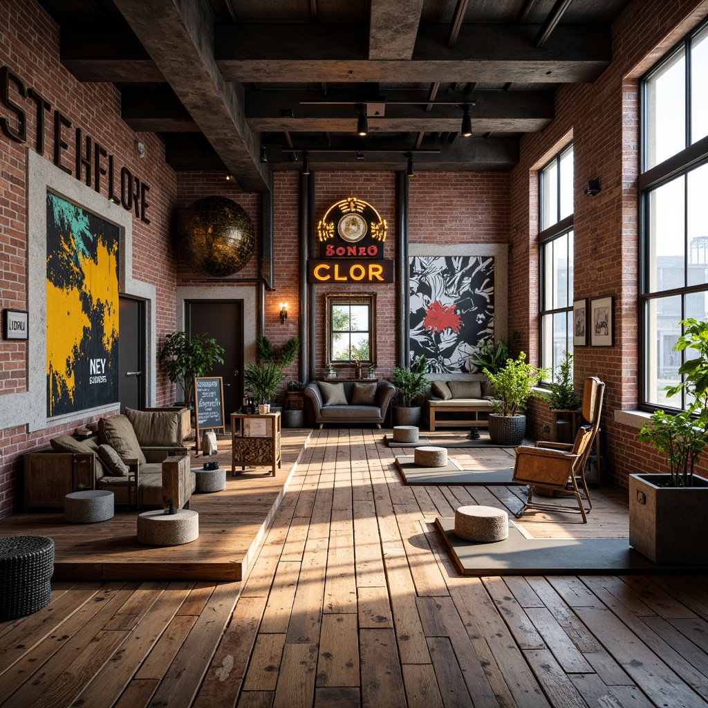 Prompt: Vintage industrial gym, reclaimed wood flooring, distressed metal accents, exposed brick walls, high ceilings, large windows, natural light, urban loft atmosphere, eclectic mix of antique and modern equipment, bold color schemes, dynamic textures, abstract patterns, metallic tones, neon signs, edgy lighting, dramatic shadows, 3/4 composition, shallow depth of field, realistic reflections.