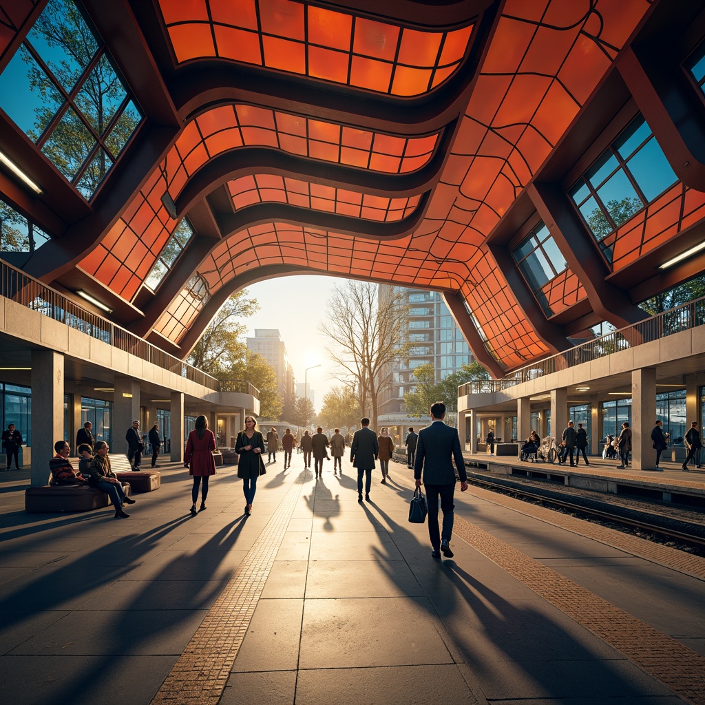 Prompt: Vibrant metro station interior, bold color accents, modern architecture, sleek lines, stainless steel surfaces, glass tile walls, dynamic LED lighting, geometric patterns, futuristic vibe, urban atmosphere, busy pedestrian traffic, rushing commuters, morning rush hour, warm golden lighting, shallow depth of field, 3/4 composition, panoramic view, realistic textures, ambient occlusion.