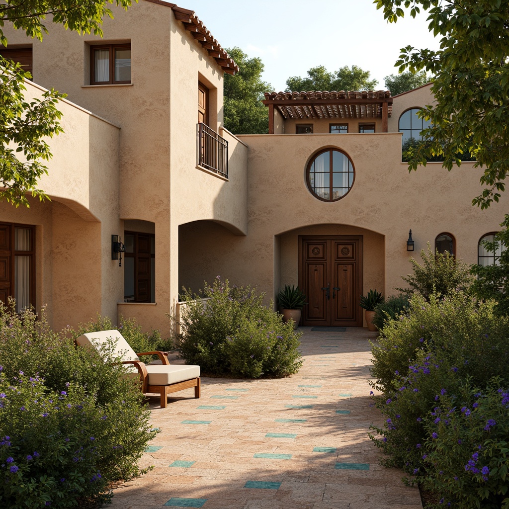 Prompt: Rustic Mediterranean villa, warm beige walls, textured stucco finish, ornate wooden doors, decorative ceramic tiles, vibrant turquoise accents, lush greenery, blooming flowers, natural stone pathways, wrought iron balconies, curved archways, soft warm lighting, shallow depth of field, 1/1 composition, realistic textures, ambient occlusion.