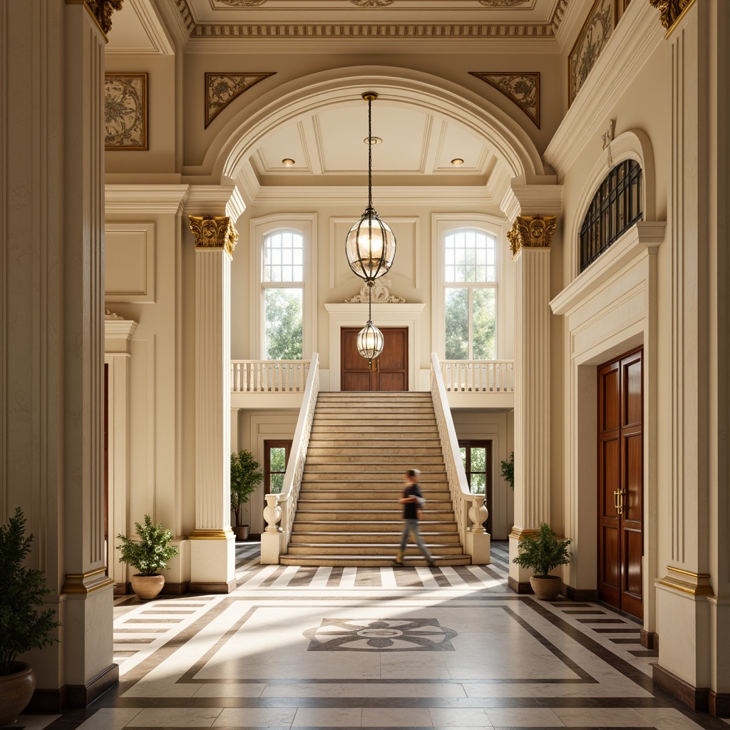 Prompt: Elegant student halls, classical architecture, cream-colored walls, ornate moldings, gold leaf accents, rich wood paneling, polished marble floors, intricate stone carvings, grand staircase, majestic chandeliers, soft warm lighting, shallow depth of field, 3/4 composition, symmetrical framing, realistic textures, ambient occlusion.