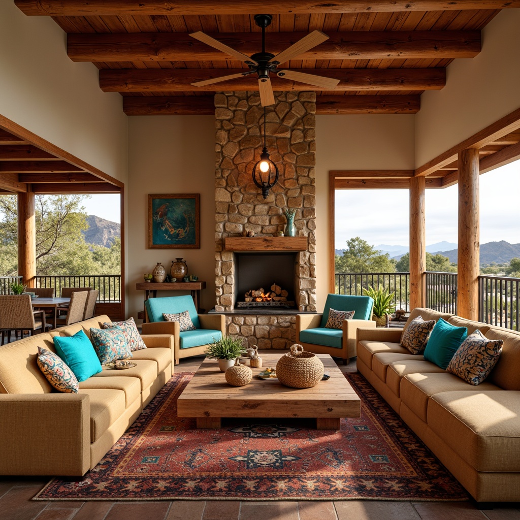 Prompt: Vibrant Southwestern family room, earthy color palette, rugged stone fireplace, plush sectional sofa, vibrant turquoise accents, natural woven baskets, reclaimed wood coffee table, rustic metal lighting fixtures, comfortable oversized armchairs, colorful Navajo-inspired throw pillows, soft warm area rug, desert landscape views, abundant natural light, shallow depth of field, 1/1 composition, realistic textures, ambient occlusion.