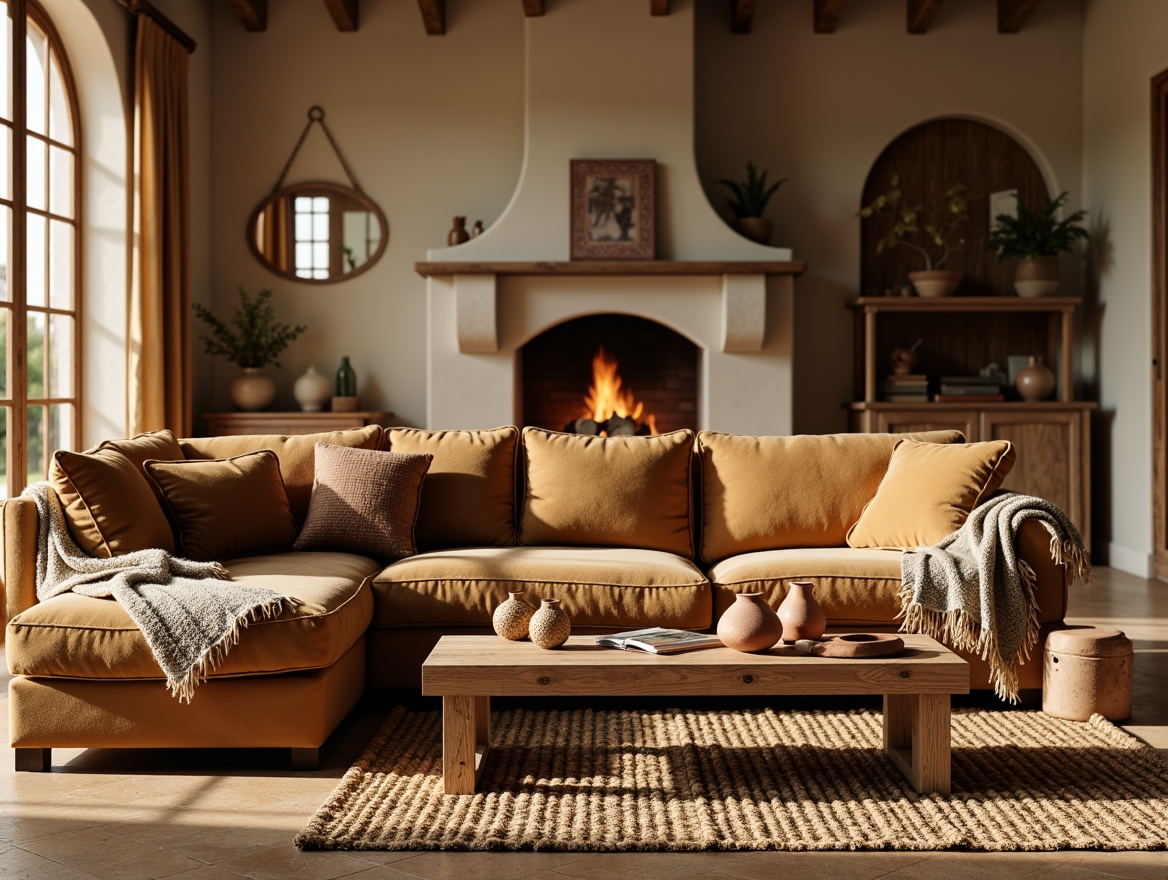 Prompt: Cozy living room, plush velvet sofa, rustic wooden coffee table, woven jute rug, natural stone fireplace, earthy terracotta vases, textured ceramic decorative accents, warm beige walls, soft golden lighting, shallow depth of field, 1/1 composition, realistic reflections, ambient occlusion, intricate fabric patterns, tactile materiality, inviting atmosphere.