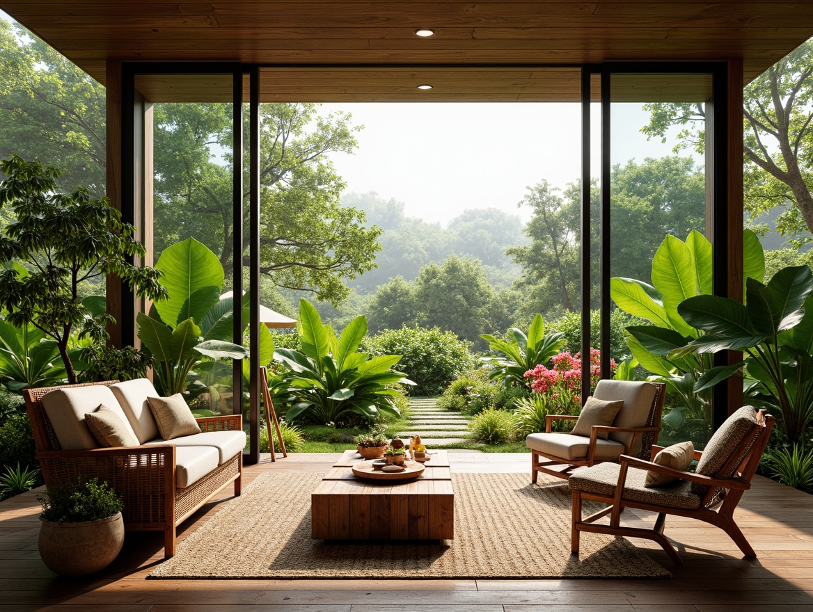 Prompt: Vibrant tropical landscape, lush greenery, exotic flowers, rattan furniture, woven textiles, natural fibers, bamboo accents, reclaimed wood, earthy tones, organic shapes, eco-friendly materials, sustainable architecture, modern tropical design, large windows, sliding glass doors, warm soft lighting, shallow depth of field, 3/4 composition, panoramic view, realistic textures, ambient occlusion.