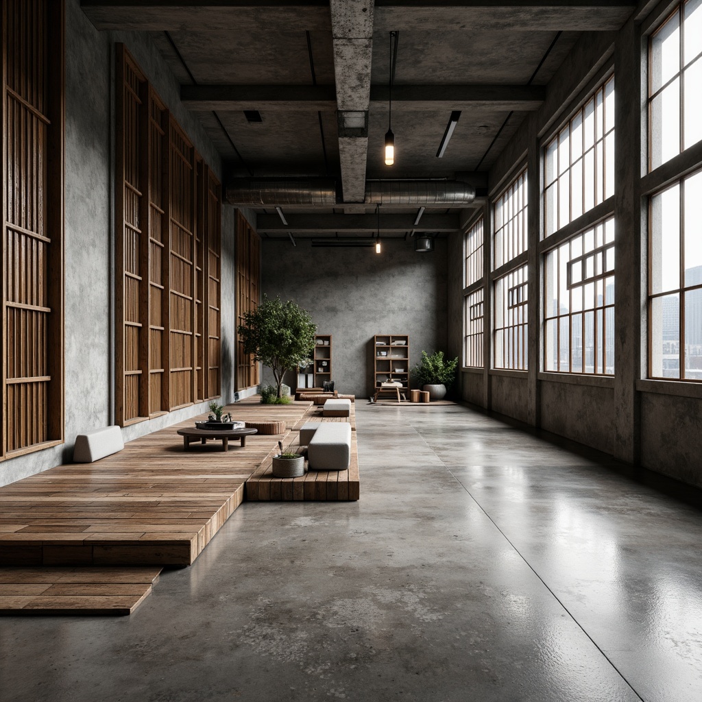 Prompt: Exposed concrete floors, industrial-style metal grids, reclaimed wood planks, distressed wooden surfaces, polished cement finishes, metallic epoxy coatings, brutalist architectural elements, urban loft aesthetics, minimalist decor, functional simplicity, neutral color palette, matte textures, subtle sheen, overhead lighting, atmospheric shadows, dramatic contrasts, 1/1 composition, symmetrical framing, cinematic mood, realistic reflections.