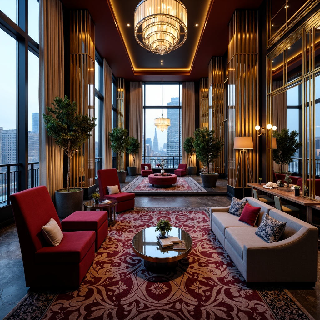 Prompt: Luxurious penthouse interior, Art Deco style, metallic accents, geometric patterns, ornate mirrors, velvet upholstery, marble flooring, crystal chandeliers, floor-to-ceiling windows, cityscape views, lavish textiles, rich jewel tones, metallic leafing, bold color blocking, statement walls, textured surfaces, dramatic lighting effects, high-contrast shadows, cinematic atmosphere, 1/1 composition, low-angle shot, moody ambient lighting.