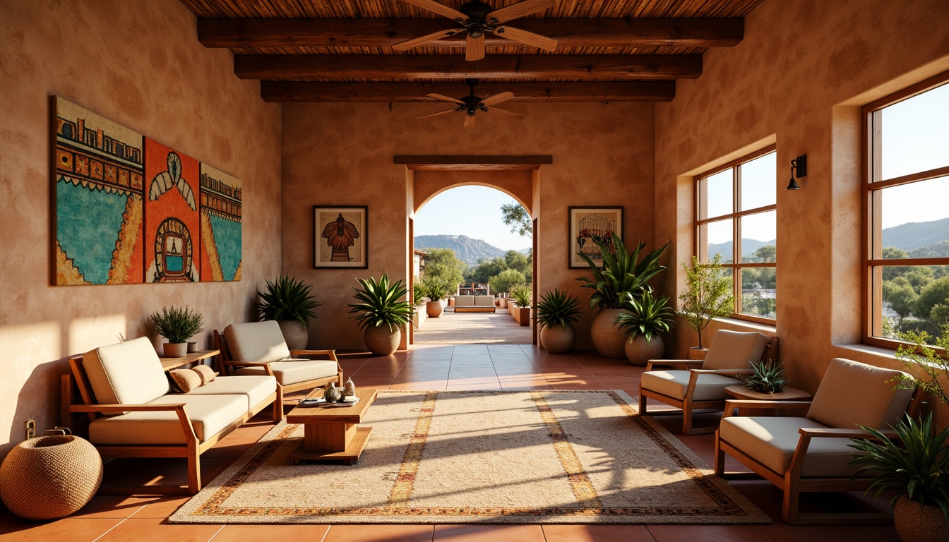 Prompt: Earthy southwestern-inspired hotel lobby, warm terracotta flooring, rustic wooden accents, vibrant turquoise and sienna hues, natural stone walls, plush earth-toned furniture, woven textiles, traditional Native American patterns, sunny desert landscape views, soft warm lighting, shallow depth of field, 3/4 composition, panoramic view, realistic textures, ambient occlusion.