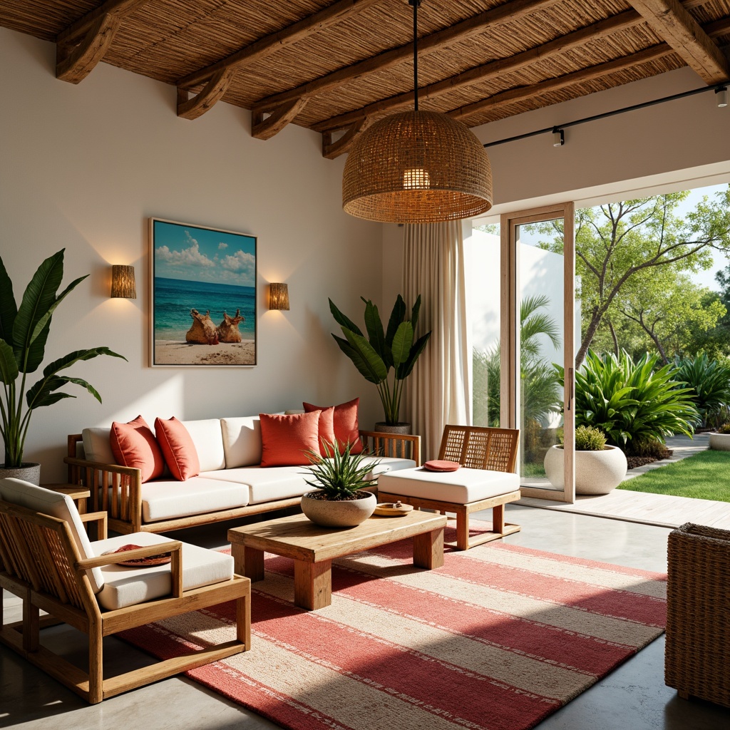 Prompt: Vibrant tropical living room, rattan furniture, natural woven textiles, plush cushions, wooden accents, reclaimed wood coffee table, wicker armchairs, bamboo pendant lights, exotic plants, colorful throw pillows, ocean-inspired artwork, bright coral colors, warm beige tones, coastal vibes, airy open spaces, sliding glass doors, lush greenery views, soft diffused lighting, 1/1 composition, realistic materials.