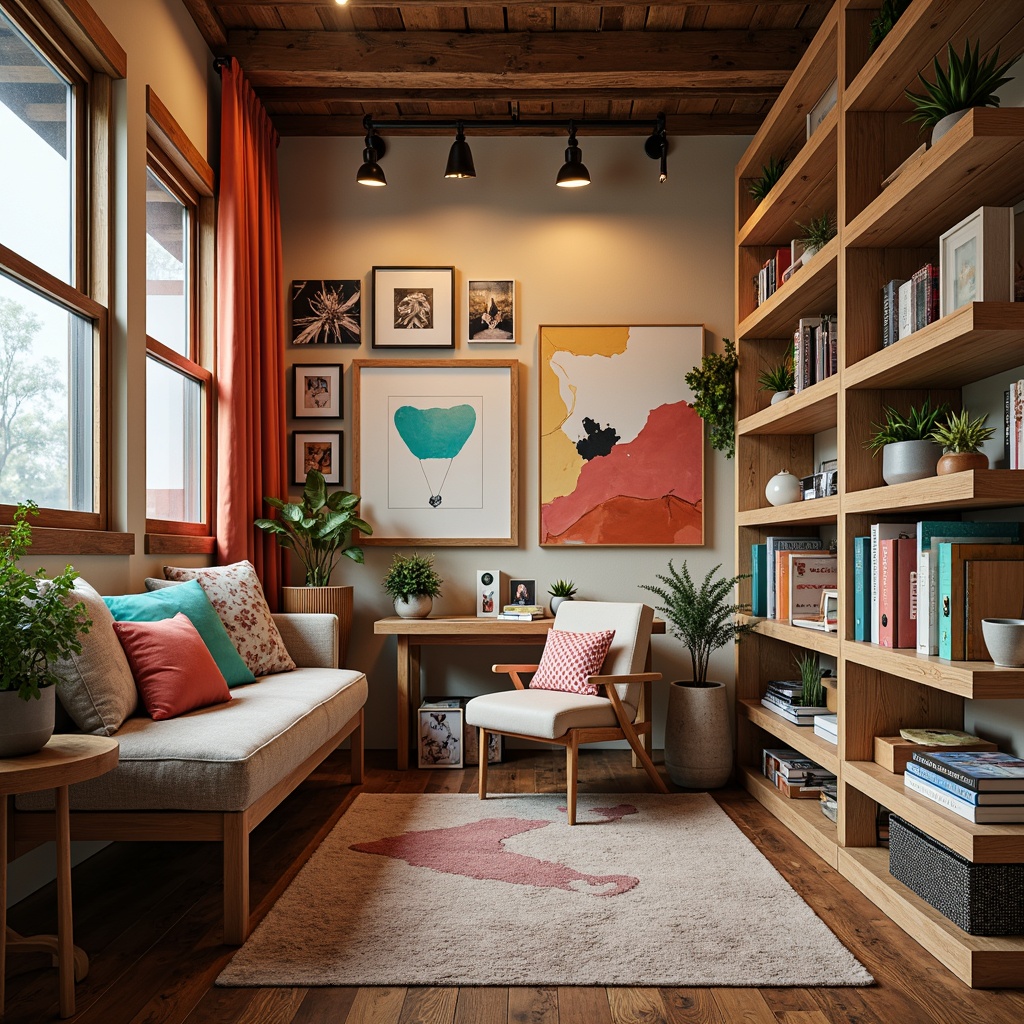 Prompt: Vibrant art studio, warm beige walls, rich wood accents, eclectic artwork, cozy reading nook, plush throw pillows, natural fiber rugs, calming turquoise hues, soothing lavender shades, creamy white highlights, bold coral pops, rustic wooden shelves, industrial metal lighting, soft ambient glow, 1/2 composition, intimate atmosphere, realistic textures, subtle grain effects.