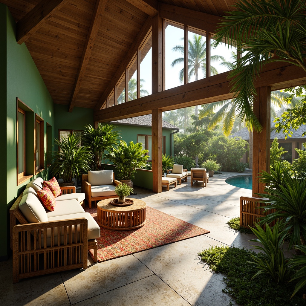 Prompt: Vibrant tropical atmosphere, lush green walls, natural stone floors, wooden accents, rattan furniture, colorful textiles, warm golden lighting, soft diffused shadows, high ceilings, large windows, sliding glass doors, open-air verandas, outdoor living spaces, exotic plants, palm trees, bright sunny day, subtle misting effects, 1/1 composition, shallow depth of field, realistic textures, ambient occlusion.Please let me know if this meets your requirements!