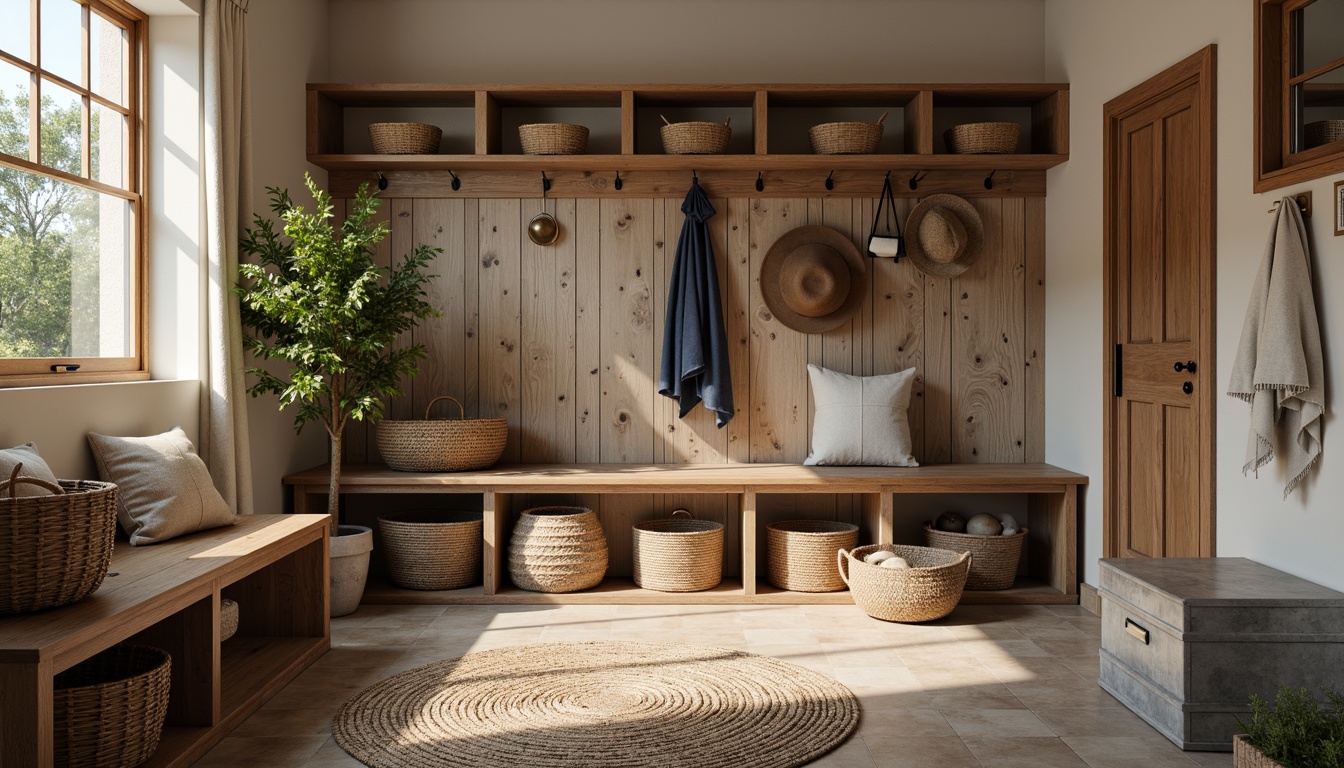 Prompt: Cozy mudroom, rustic wooden benches, woven baskets, natural fiber rugs, earthy color palette, vintage metal hooks, distressed wood accents, industrial-style shelving units, galvanized metal bins, waterproof storage ottomans, durable vinyl flooring, soft warm lighting, 3/4 composition, realistic textures, ambient occlusion.