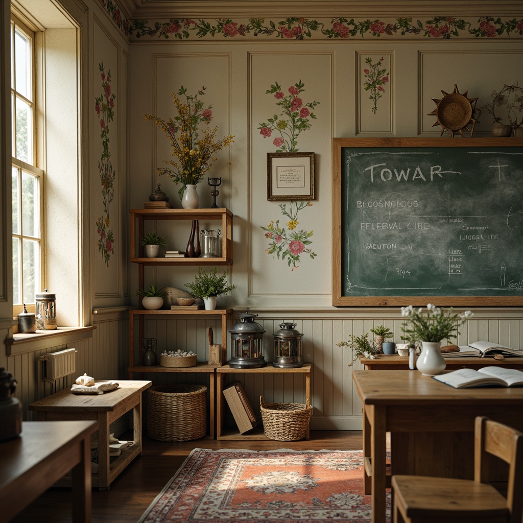 Prompt: Vintage schoolhouse charm, distressed wooden accents, soft pastel colors, floral patterns, lace trim details, antique educational artifacts, old-fashioned blackboards, decorative chalk holders, ornate metal lanterns, rustic wooden shelves, woven baskets, natural linen fabrics, warm golden lighting, shallow depth of field, 1/1 composition, intimate close-up shots, realistic textures, ambient occlusion.