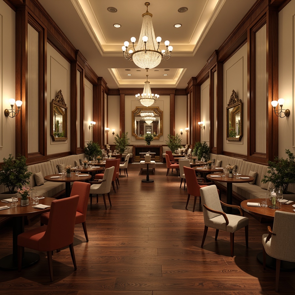 Prompt: Luxurious dining hall, transitional style, rich wood tones, dark hardwood flooring, cream-colored walls, elegant chandeliers, rectangular tables, comfortable seating, ornate mirrors, subtle texture contrasts, soft warm lighting, shallow depth of field, 1/1 composition, realistic reflections, ambient occlusion.