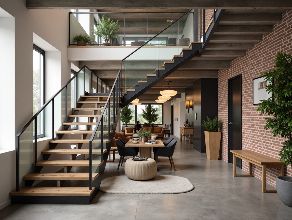 Prompt: Modern staircase, sleek metal handrails, wooden treads, glass risers, minimalist design, open-plan living, natural light, flowing curves, floating steps, industrial chic, exposed brick walls, polished concrete floors, modern pendant lights, subtle color palette, warm ambient lighting, shallow depth of field, 1/1 composition, realistic textures, ambient occlusion.